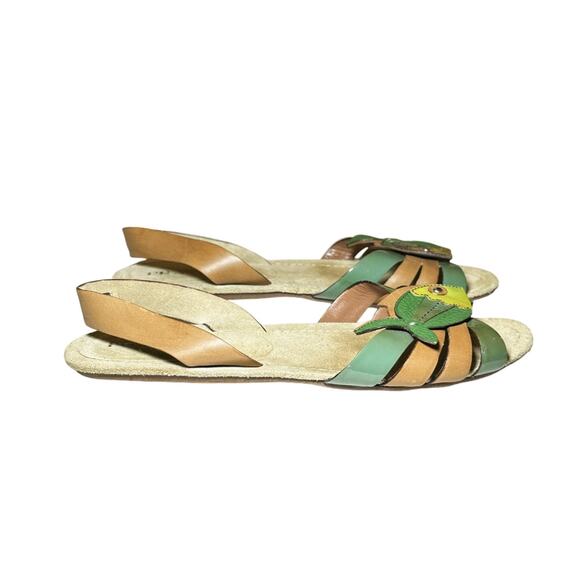 Prada Brown Green Fish Applique Leather Slingback Flats Sandals Size 40 - Picture 2 of 7